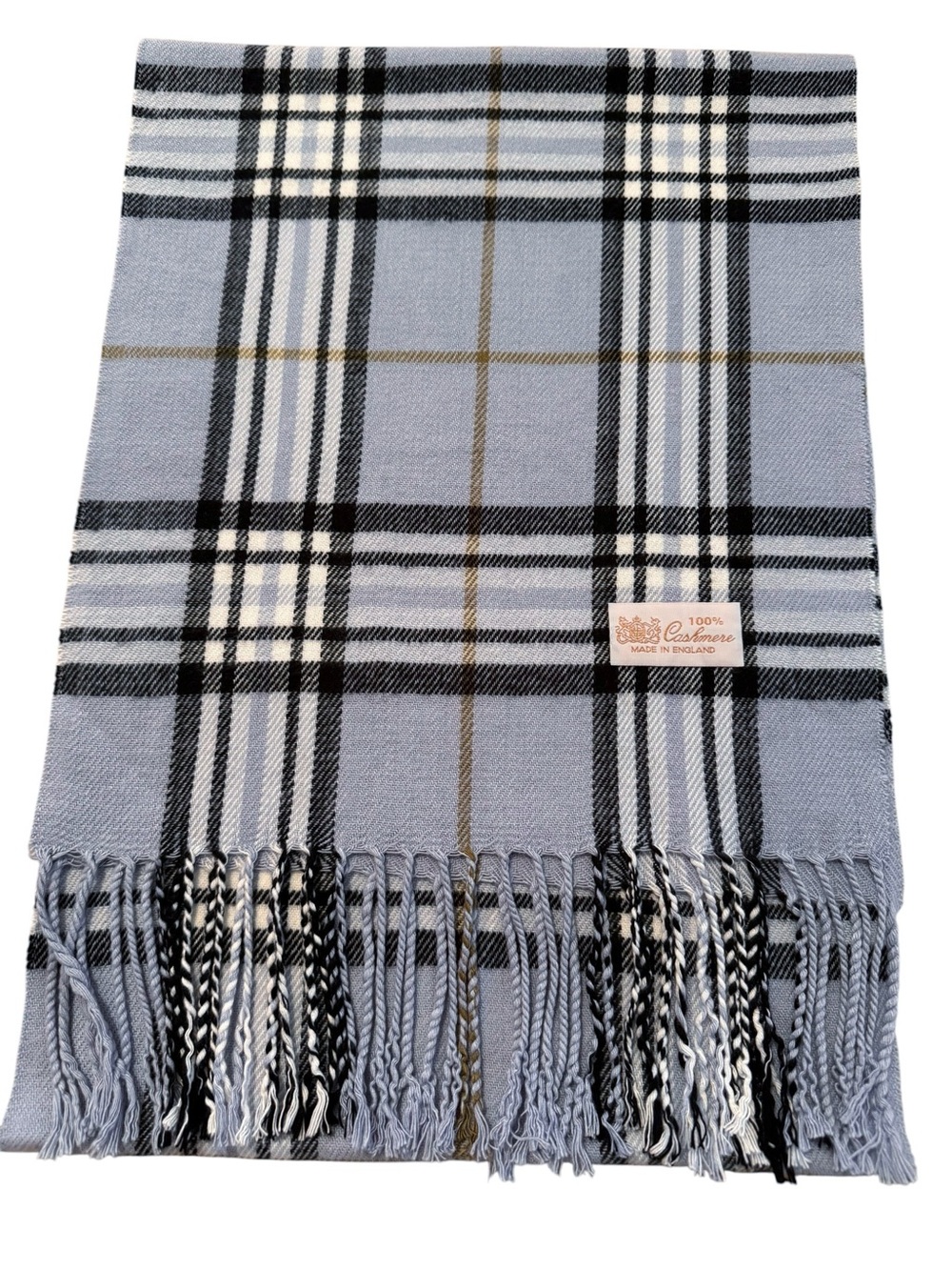 100% Cashmere Blue Plaid Scarf Made in England 12” x 69” Fringed Lighweight